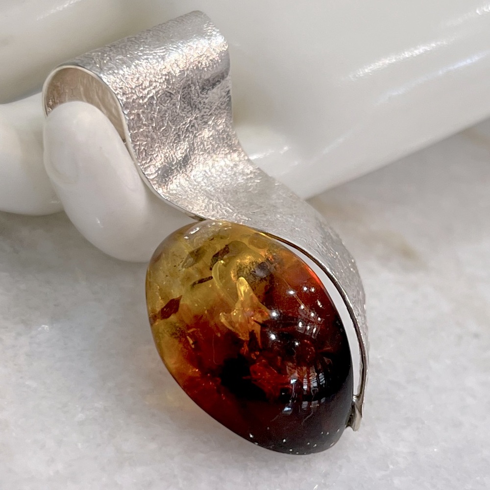 RARE BiColor Baltic Amber Sterling Silver Textured Scrolled Pendant